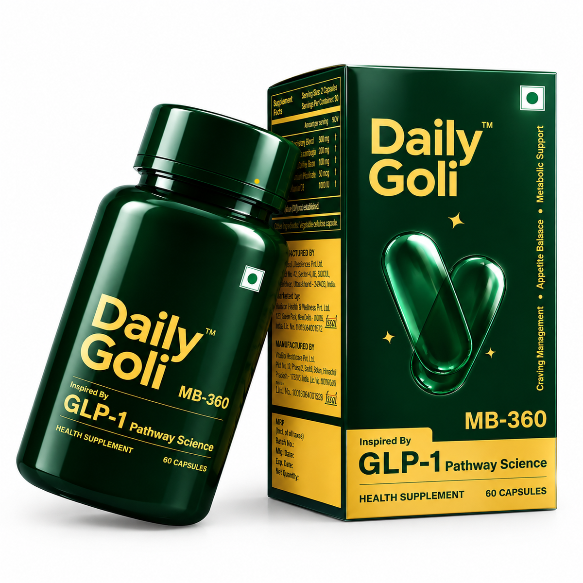 MB-360 GLP-1 Natural Metabolism Booster | Supports Weight Management, Fat Loss & Sugar Control | Plant-Based Appetite Suppressant for Men & Women | 60 Veg Capsules | 1 Month Supply