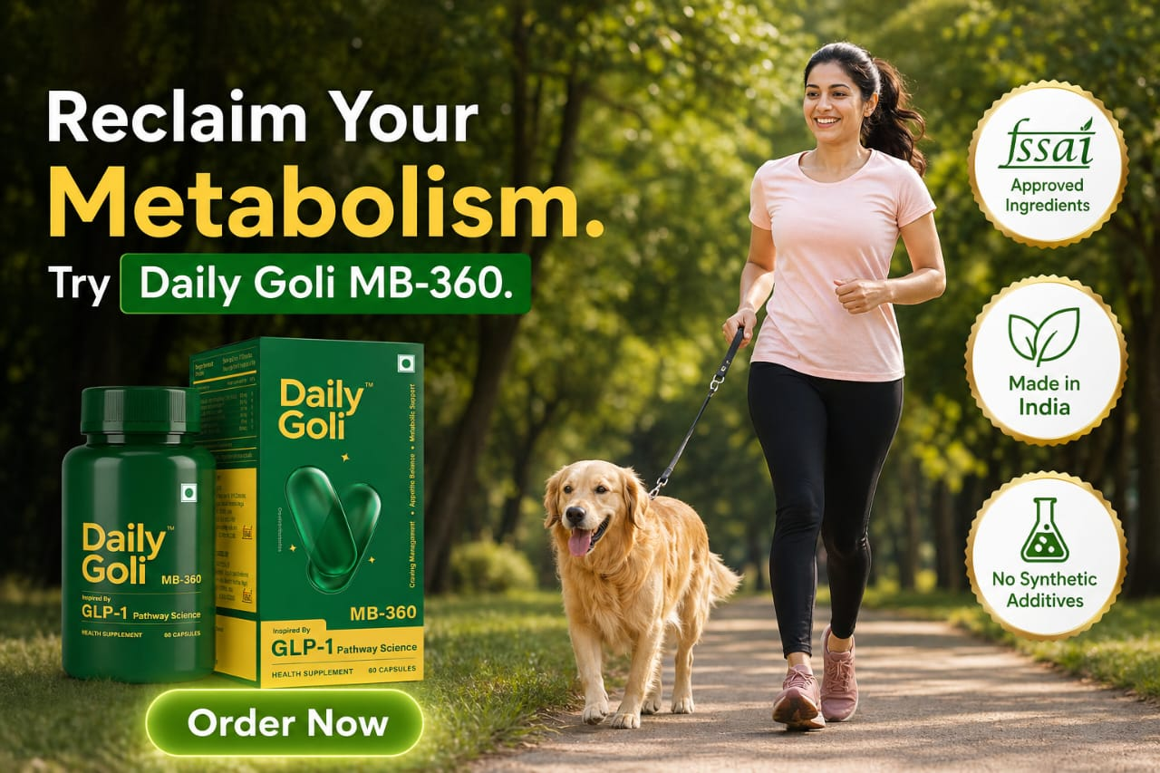 Woman walking a dog with Daily Goli supplement advertisement in the background
