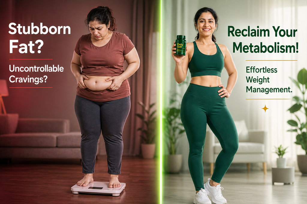 Woman on a scale with text about stubborn fat and uncontrollable cravings, next to a woman holding a supplement bottle with text about metabolism and weight management.