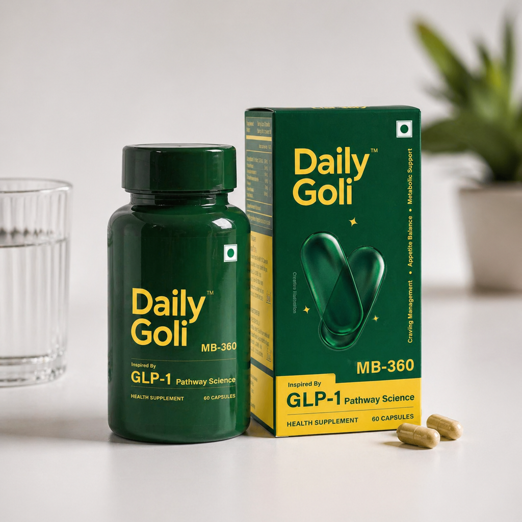 Green 'Daily Goli' health supplement bottle and packaging on a white surface with a plant in the background.