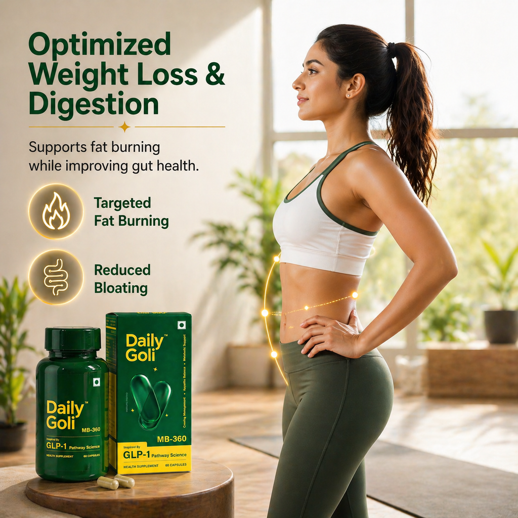 Woman in athletic wear with 'Daily Gold' supplement packaging and text about weight loss and digestion.