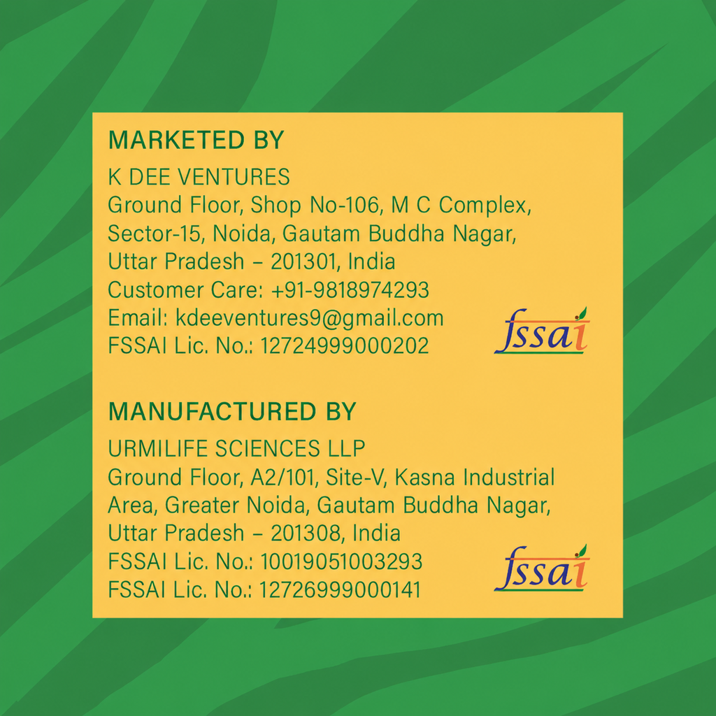 Product label with contact information and FSSAI logos on a green background