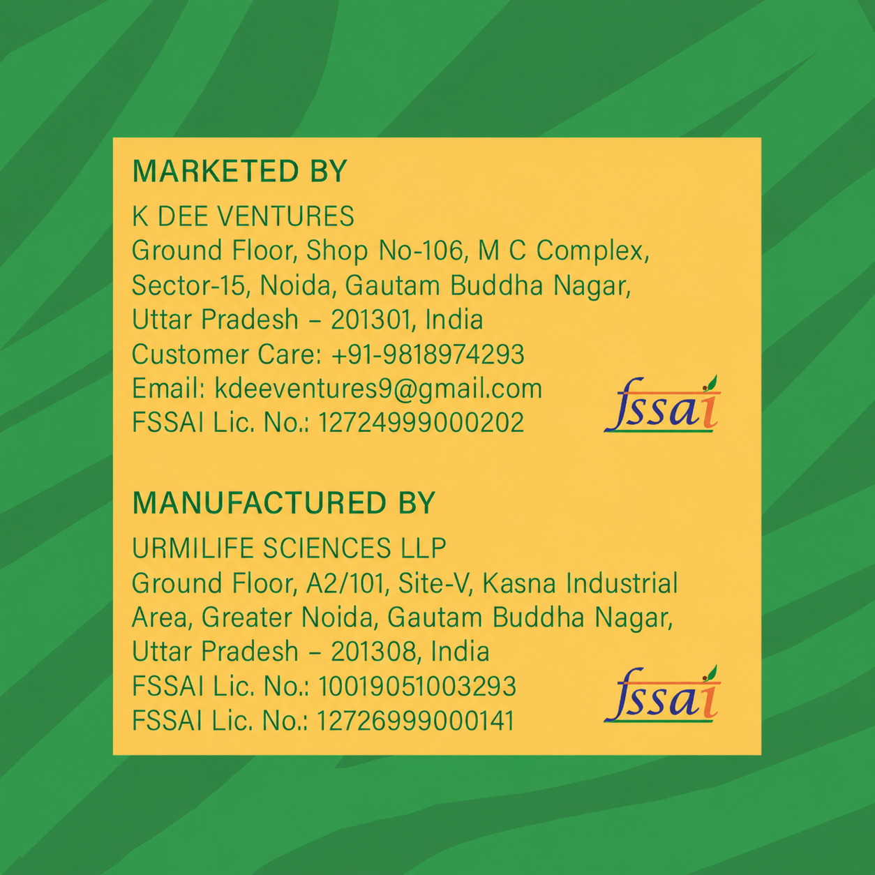 Product label with contact information and FSSAI logos on a green background