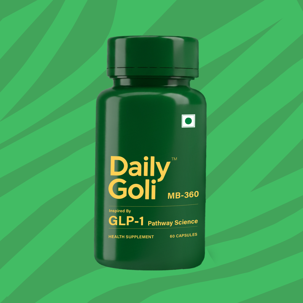 Green bottle of Daily Goli supplement on a green background