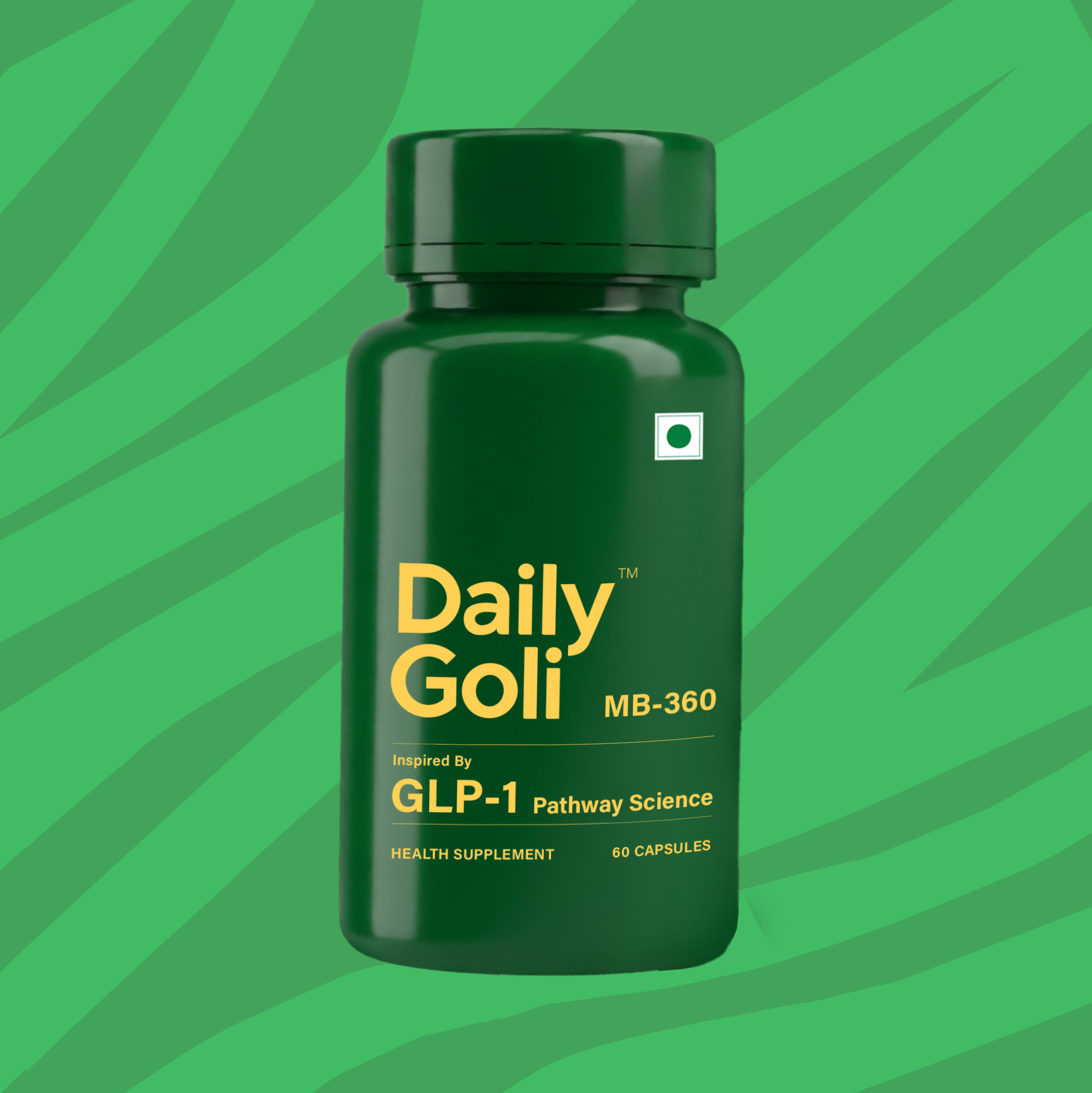 Green bottle of Daily Goli supplement on a green background